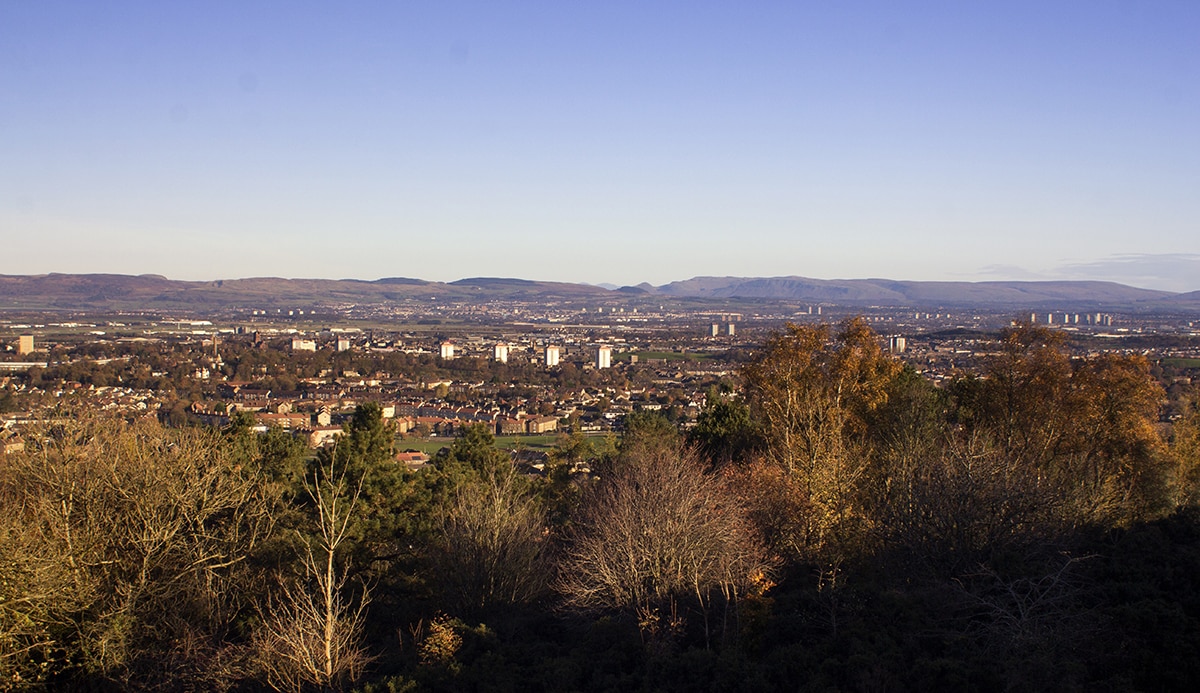 Veiw of the town of Paisley and the Strath Clyde valley to Loch Lomond and Ben Lomond from the Glennifer hills on a Autumn morning.