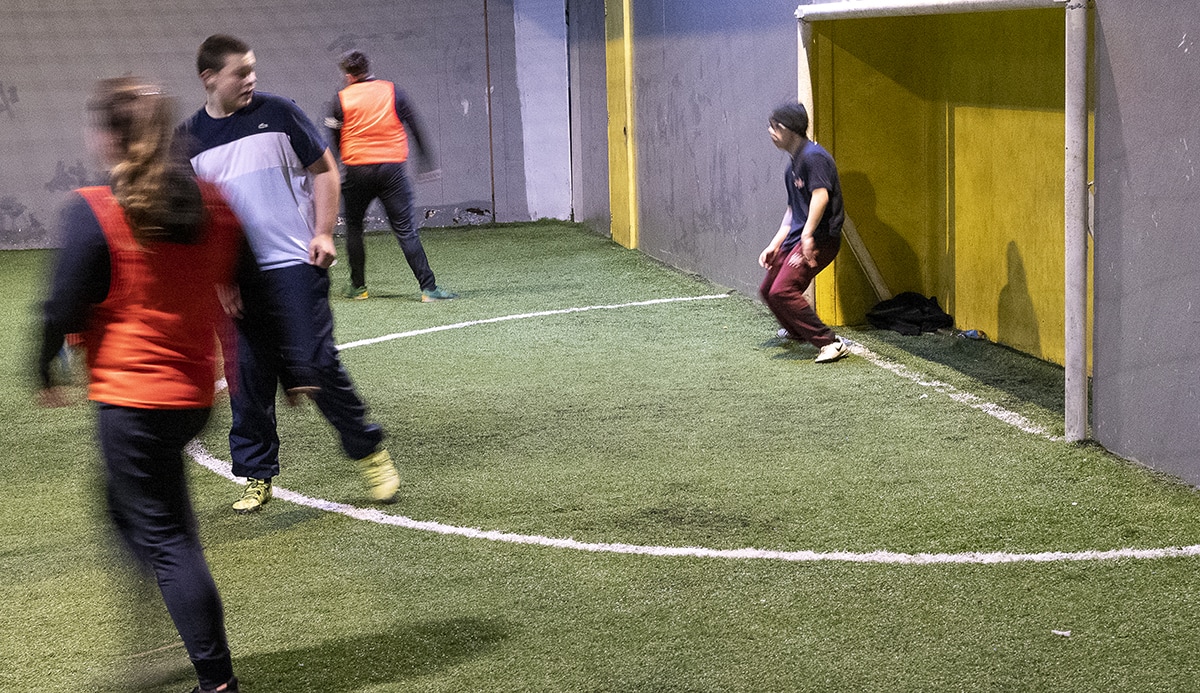 Indoor football session, at local leisure centre