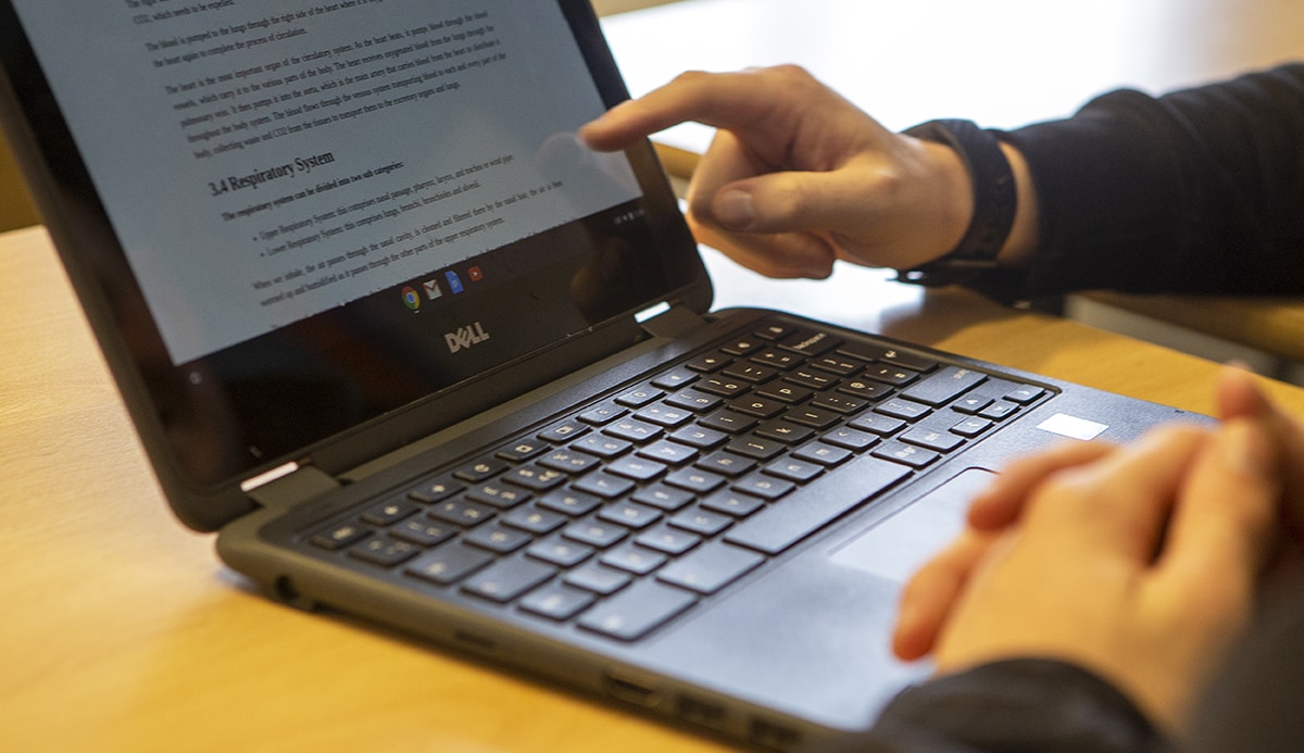 Teacher pointing out information on a laptop computer